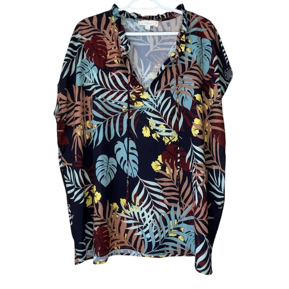 Weekend Suzanne Betro Leaf Patterned Short Sleeve Blouse Top Size 1X